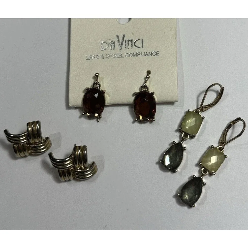3Pc Mixed Earrings Lot Da Vinci Gemstone Gold Tone Vintage Style New & Used